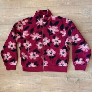 Lacey Chabert Full-Zip Sherpa Jacket Sangria Blooms floral gold zips sz L Spring